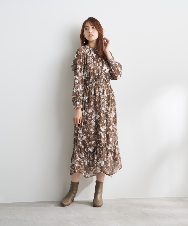 通販の人気 花柄プリント袖フリルロングワンピース ストラ 今季 ロングワンピース