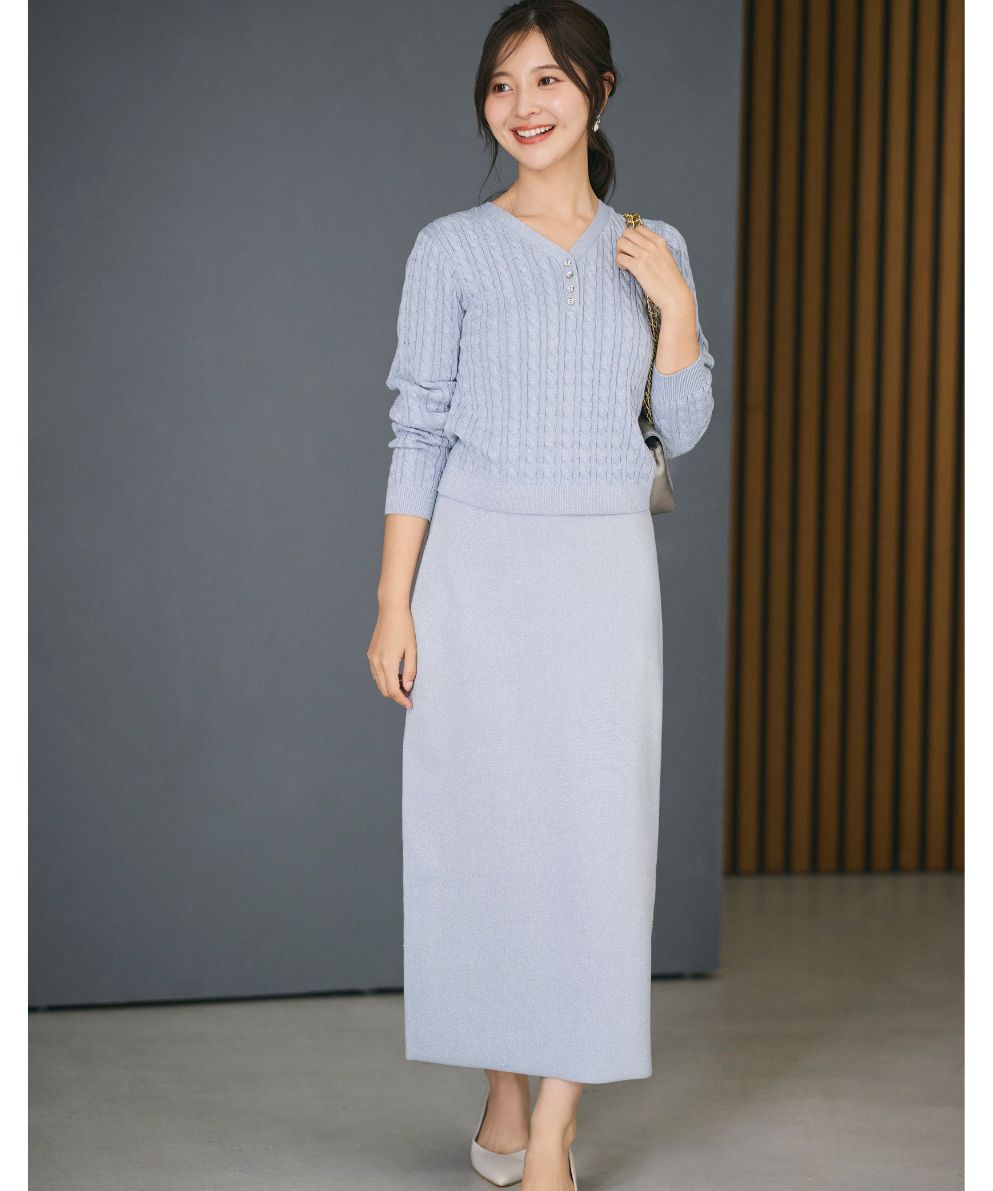 ミニケーブルプルオーバー+ストレートスカート ニットアップ