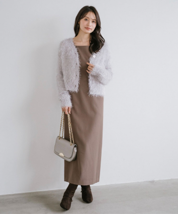 フェザーニットカーディガン&ノースリワンピースセット